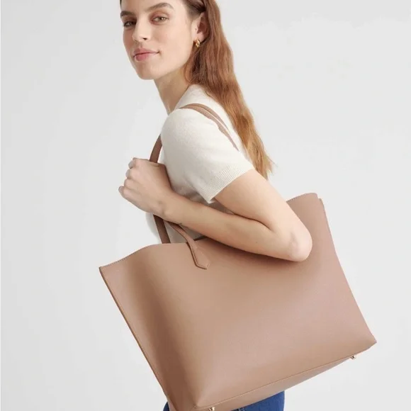 NWOT Quince Italian Leather Triple Compartment Shopper Tote In Cappuccino - Picture 9 of 9